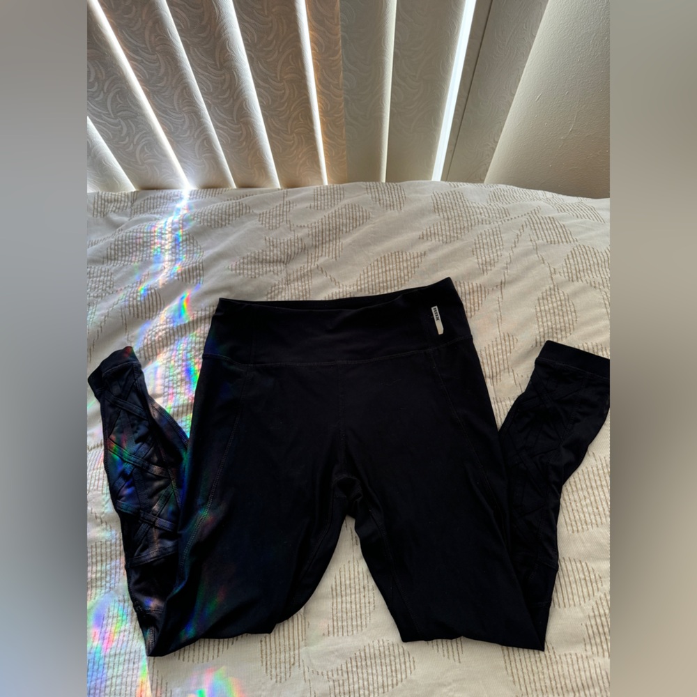 RBX Workout Leggings Black Mesh Criss Cross Detailing on Calves Midrise